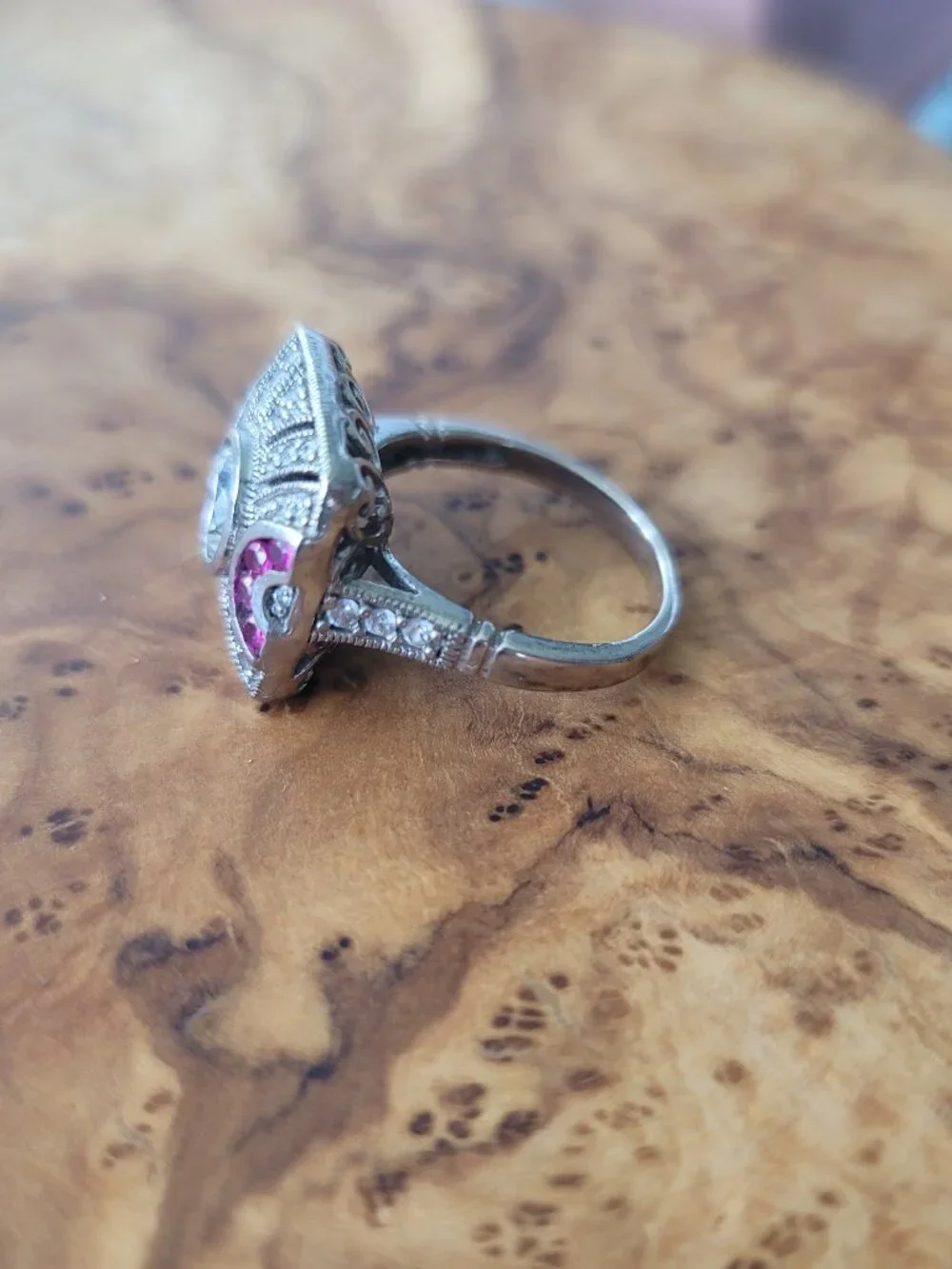 Synthetic Diamond, Ruby & Sterling Art Deco Style Ring by Joseph Esposito - Picture 3 of 6